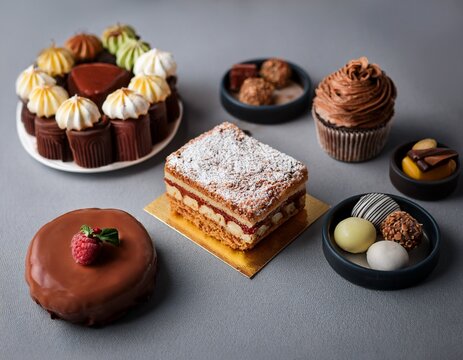 sweets and cakes sat on a gray surface