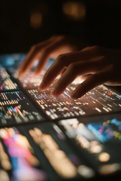 Close perspective of hands over illuminated control panels showing code and analytics for cyber security operations background and monitoring dashboard wallpaper