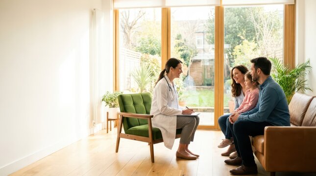 Family consultation with doctor in bright living room for pediatric vaccination discussion and healthcare appointment planning background