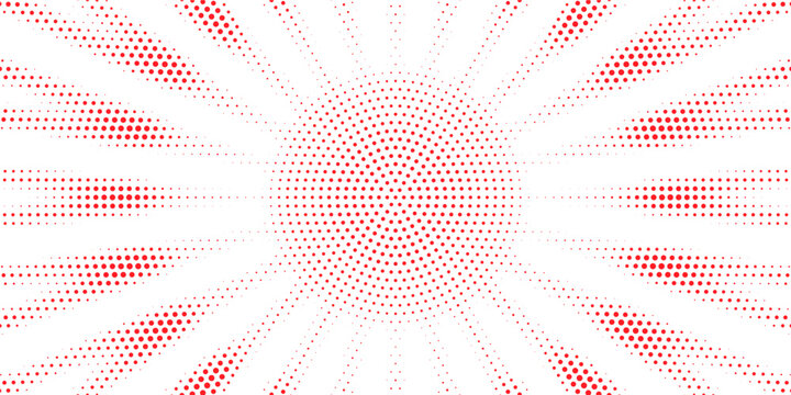 Red halftone radial wave pattern with dense central dots and flowing rays, dynamic modern abstract background vector design
