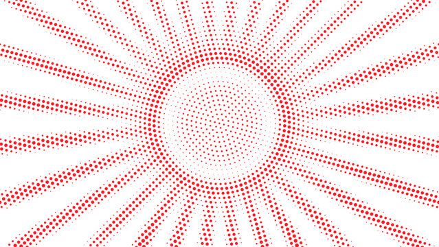 Red radial halftone burst with circular dots spreading from the center, dynamic abstract geometric background vector illustration