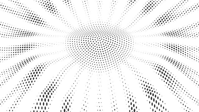 Black halftone perspective wave pattern with circular dots radiating toward the center, modern abstract geometric vector background