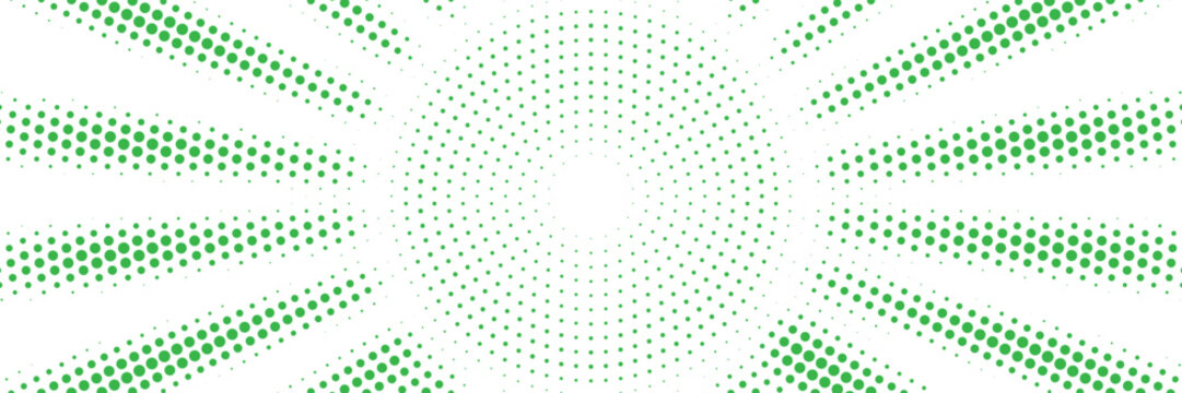 Green halftone radial wave pattern with circular dots and fading curved rays, fresh modern abstract background vector design