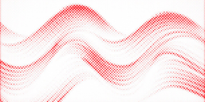 Red halftone wave pattern with square dots and flowing curves, abstract modern background vector illustration