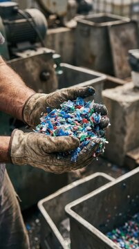 Closeup of gloved hands holding colorful plastic flakes at a recycling plant for industrial background and sustainability banner