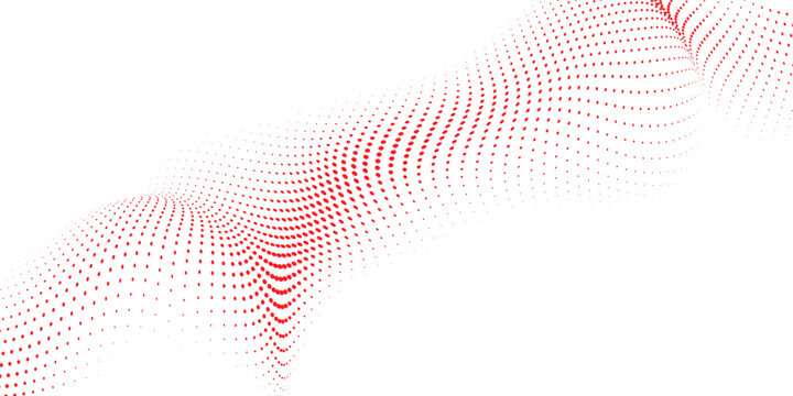 Red halftone wave with flowing perspective dots and fading edges, abstract modern background vector illustration