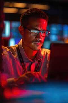 Focused analyst with glasses working on laptop in red ambient light for cybersecurity monitoring background and banner use