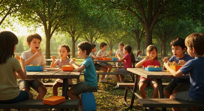 Students eating boxed lunches at picnic tables under trees, sunny outdoor school meal break