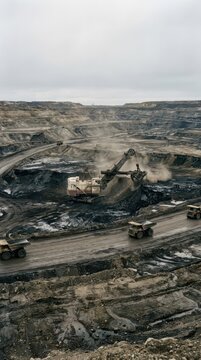 Open pit coal mine with large excavator and haul trucks in barren landscape for industrial background and environmental awareness poster