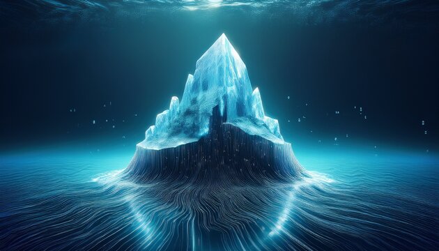 digital iceberg floating in a dark blue sea showing data connection underwater concept for data storage information technology and security solution
