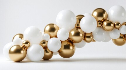 Naklejka premium White and gold balloons form an elegant garland. These orbs create a festive backdrop for parties, celebrations, or luxury events. A modern decorative arrangement suitable for various occasions.