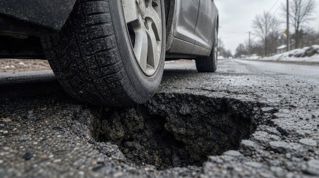 A car tire driving dangerously close to a large pothole on a cracked asphalt road during daylight. Ideal concept for municipal infrastructure repairs and road safety campaigns.