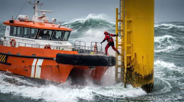 Offshore wind turbine boarding with technician climbing ladder from orange crew boat amid high waves for safety poster and training