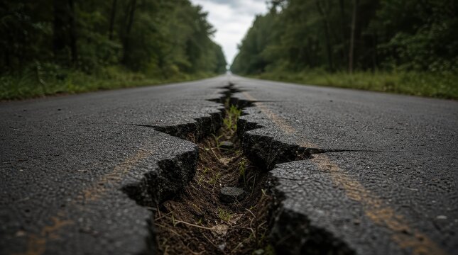 A massive fissure splits an asphalt road in a green forest under overcast lighting. Ideal for natural disaster and earthquake concepts.