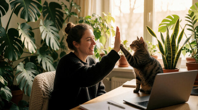 Woman and cat give high five at desk with laptop. Happy pet owner celebrates success, enjoys playtime. Indoor plants create calm work atmosphere, promoting balance. Companionship and joy at home.