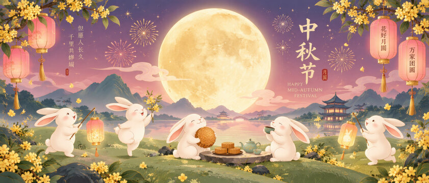 Mid Autumn Festival vector background wallpaper with five jade rabbits, mooncakes, teapot, glowing moon, osmanthus branches, hanging lanterns and fireworks in pastel night sky