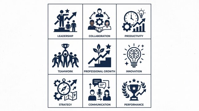 Growth and leadership icons &mdash; teamwork, vision, innovation, mentorship, and success arranged in a grid, symbolizing organizational values and personal development.