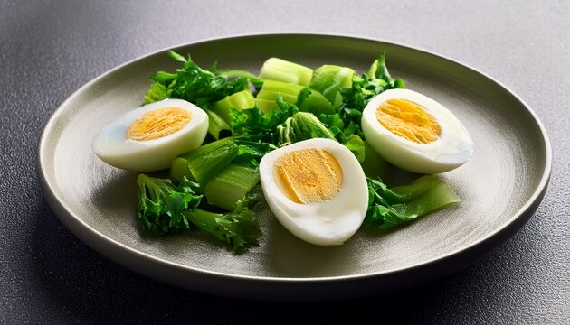 halved boiled egg with green vegetables on a plate