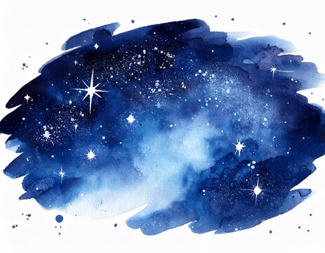 watercolor dark blue galaxy night sky texture stars and nebula on white background