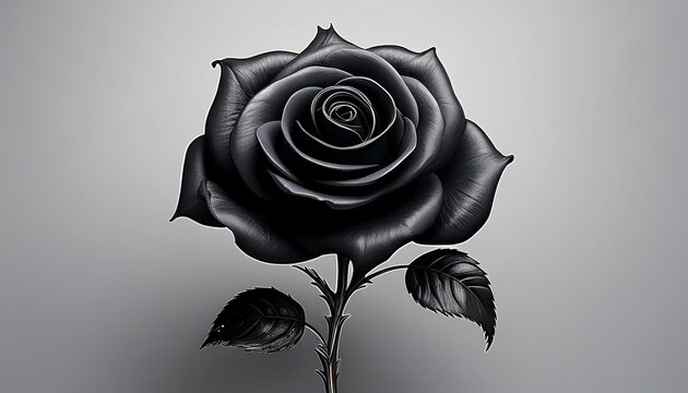 black rose stands alone against a grey background with smooth textures and simple shapes