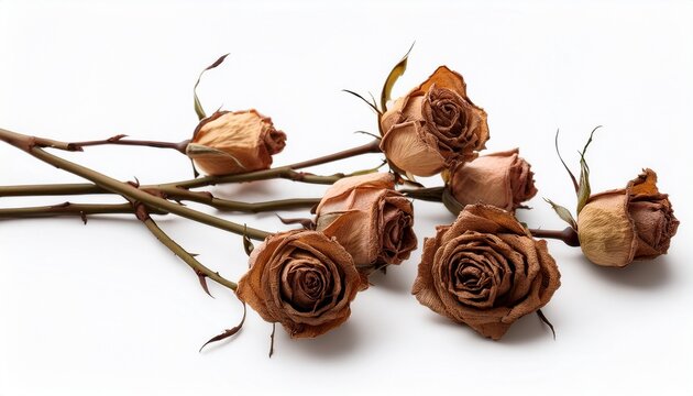 dry dead rose flower stems isolated on white background