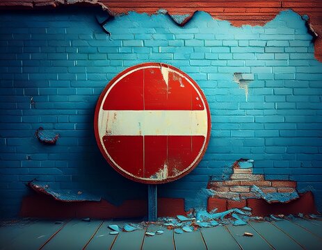 no entry sign board in front of the damaged blue brick wall ai generated