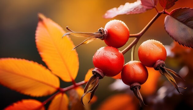 rose hips and leaves in the fall with red and orage colors