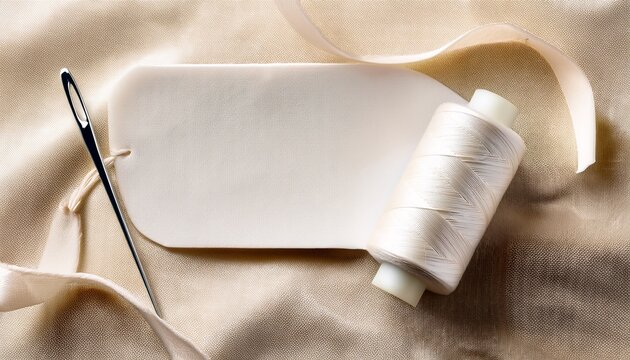 sewing concept with needle white thread reel and blank banner on beige textile background ideal for craft hobby or tailor shop theme