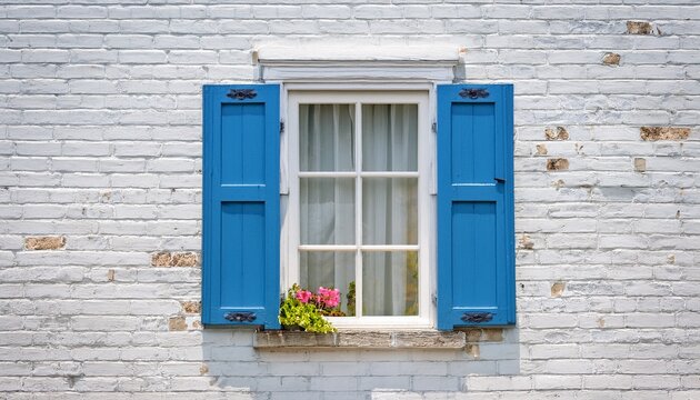 an old white wooden window frame with a blue shutter is built into a traditional white brick wall of a vintage house exterior