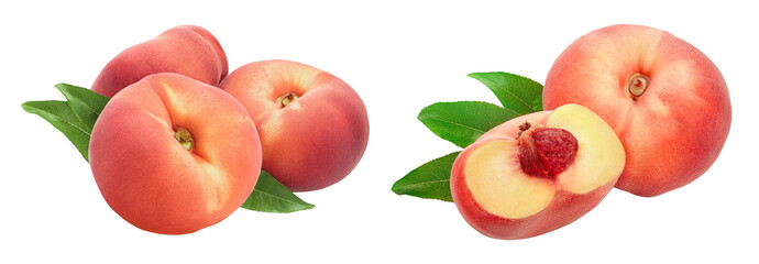 Ripe chinese flat peach fruit with leaf isolated on white background with  full depth of field © kolesnikovserg
