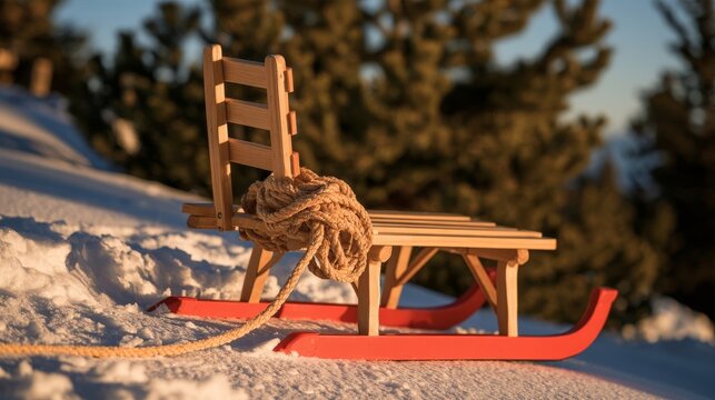 Traditional sled waiting on fresh snow before a pine forest