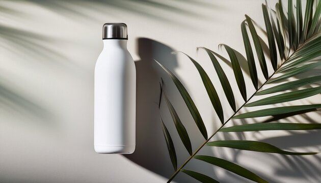matte white water bottle with palm frond and shadow play