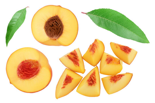 ripe peach isolated on white background . Top view. Flat lay pattern