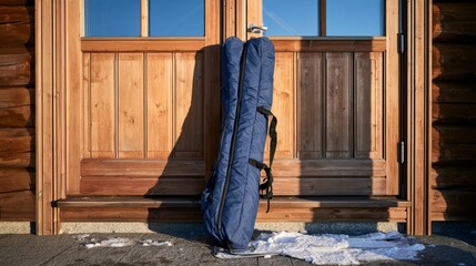 Fototapeta premium Long zippered ski bag ready for departure in blue morning light