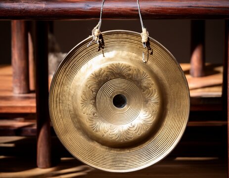 traditional gong hung on a wooden stand