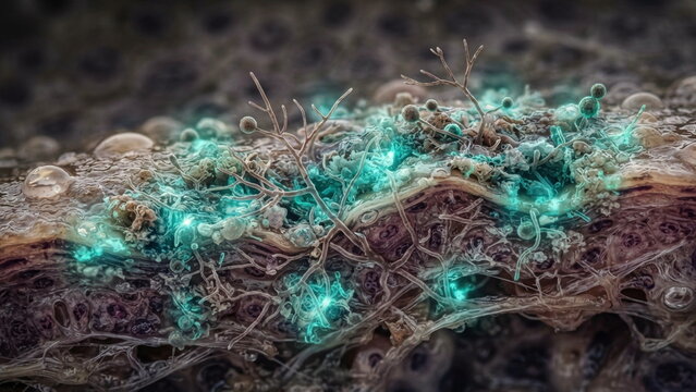 Macro amphibian skin battling chytrid fungus with hyphae, microbial shield, droplets, and porous epidermal layers