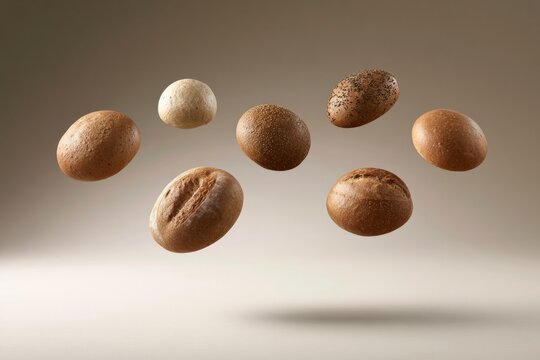 Selection of levitating artisan bread rolls on neutral background