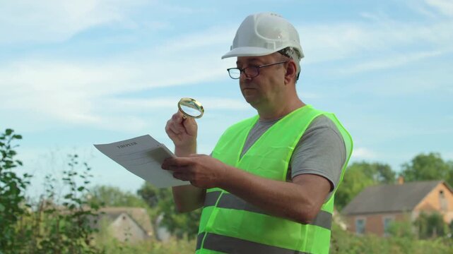 Construction supervisor in safety vest and hard hat examines documents with a magnifying glass outdoors, surrounded by greenery and residential buildings, ensuring compliance with safety regulations