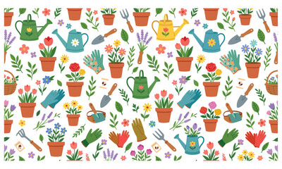 Fototapeta premium Gardening seamless pattern, garden tools background, potted flowers, watering can, trowel, gloves, plants, floral wallpaper, spring illustration, botany art, nature background