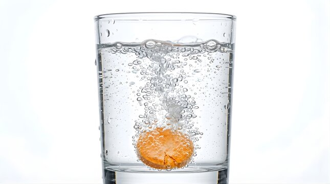 Effervescent orange tablet dissolving in a glass of clear water on white