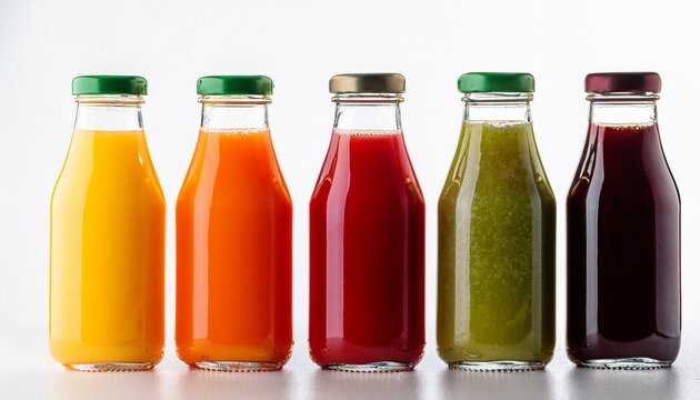 juice bottles sit on a clean white surface