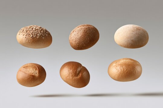 Six different bread rolls suspended against neutral background