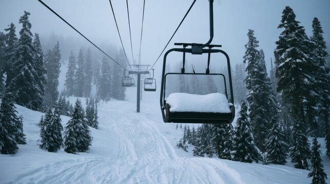Snow covered chairlift photographed during quiet off hours