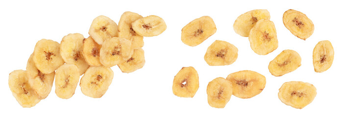 Dried banana chips isolated on white background with full depth of field. Top view. Flat lay © kolesnikovserg