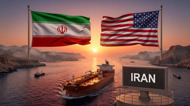 U.S. and Iranian flags with a ship in the Strait of Hormuz and a large IRAN sign, symbolizing geopolitical tensions, conflict and regional instability