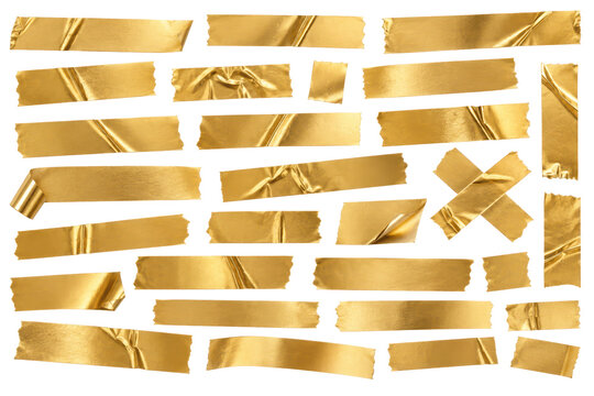 Collection of shiny gold adhesive tape strips, 3d render of metallic foil tape pieces with realistic wrinkles on a transparent background for creative graphic design and branding