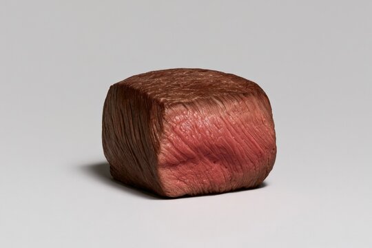 Close-up of a cooked steak cube on plain grey background