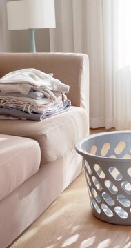 Vertical video: Camera is panning right to reveal folded clothes on sofa and blue basket on floor