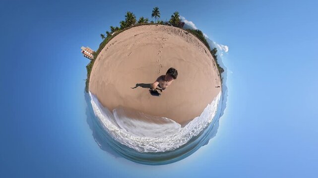 Tiny Planet 360 View of a Man Enjoying a Deserted Tropical Beach in Brazil