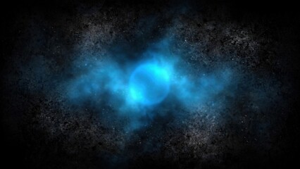 A luminous blue sphere glows brightly amidst swirling dark cosmic dust and nebulae